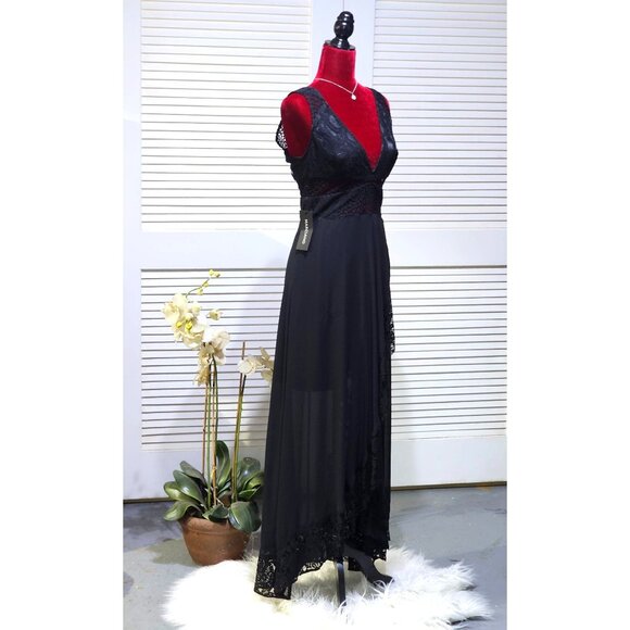 NWT Marciano Womens Black Lace Maxi Dress Sheer Overlay & Deep V-Neck Sz 6 2562 - Picture 3 of 11